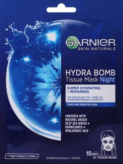 Intensiv feuchtigkeitsspendende und regenerierende Tuchmaske für die Nacht mit Meerwasser, Kornblume und Hyaluronsäure